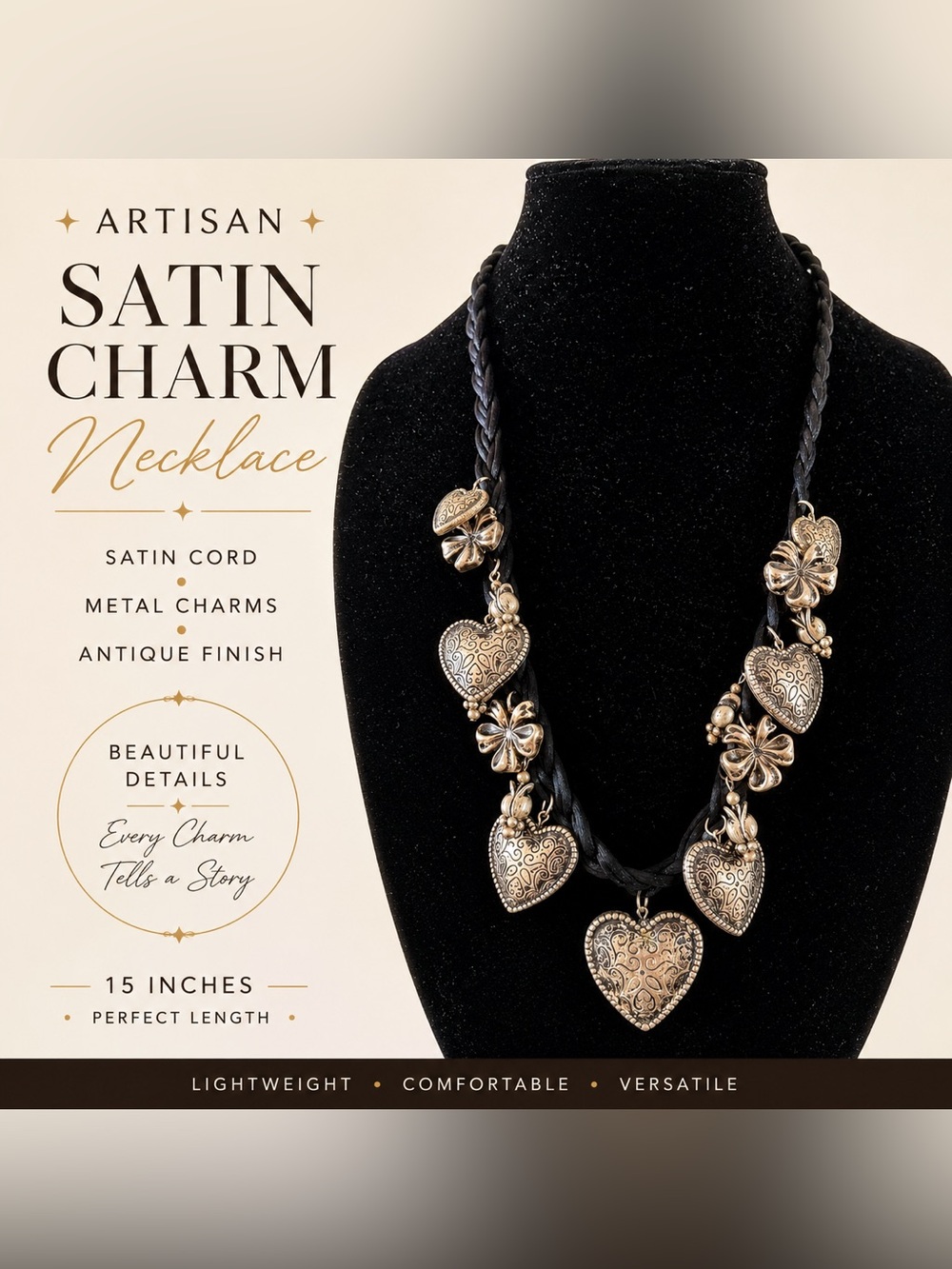 Vintage Style Satin Cord Charm Necklace Hearts & Floral Charms 15”